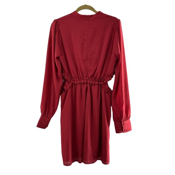 Lulus Red Long-Sleeve Cutout Waist Mini Dress Size L Ruffle Rusty Rose Mock Neck - Picture 5 of 14